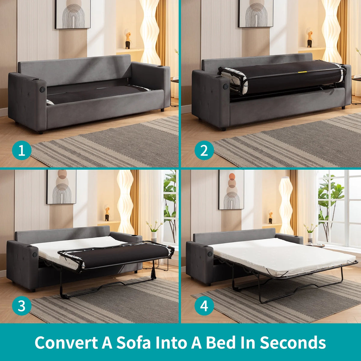 Queen Size Pull Out Sofa Bed with 2 Cup Holders and Dual USB O57356