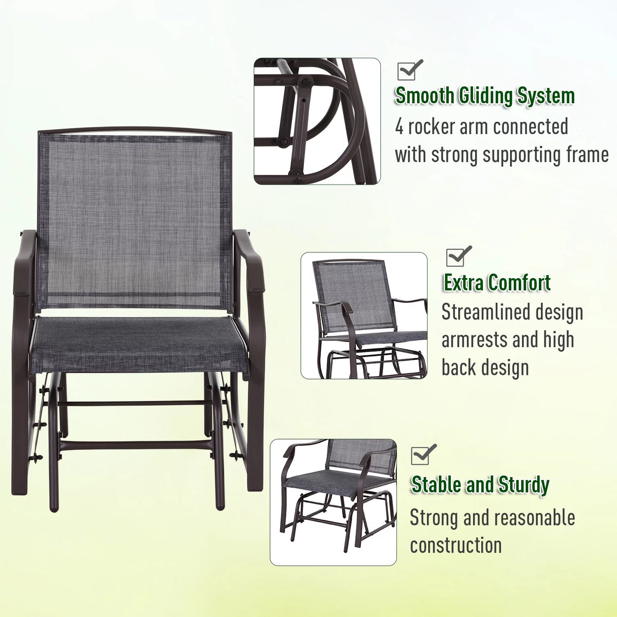 3 Pc Sling Fabric Rocking Glider Chair with Table Set Gray I19708