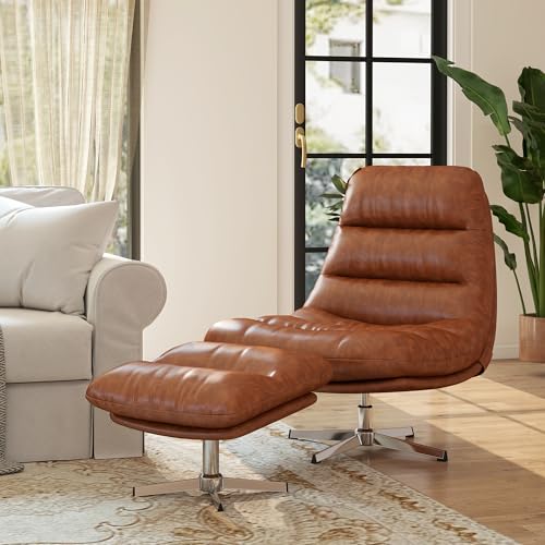 Brown PU Leather Oversized Swivel Accent Chair with Ottoman Z86008