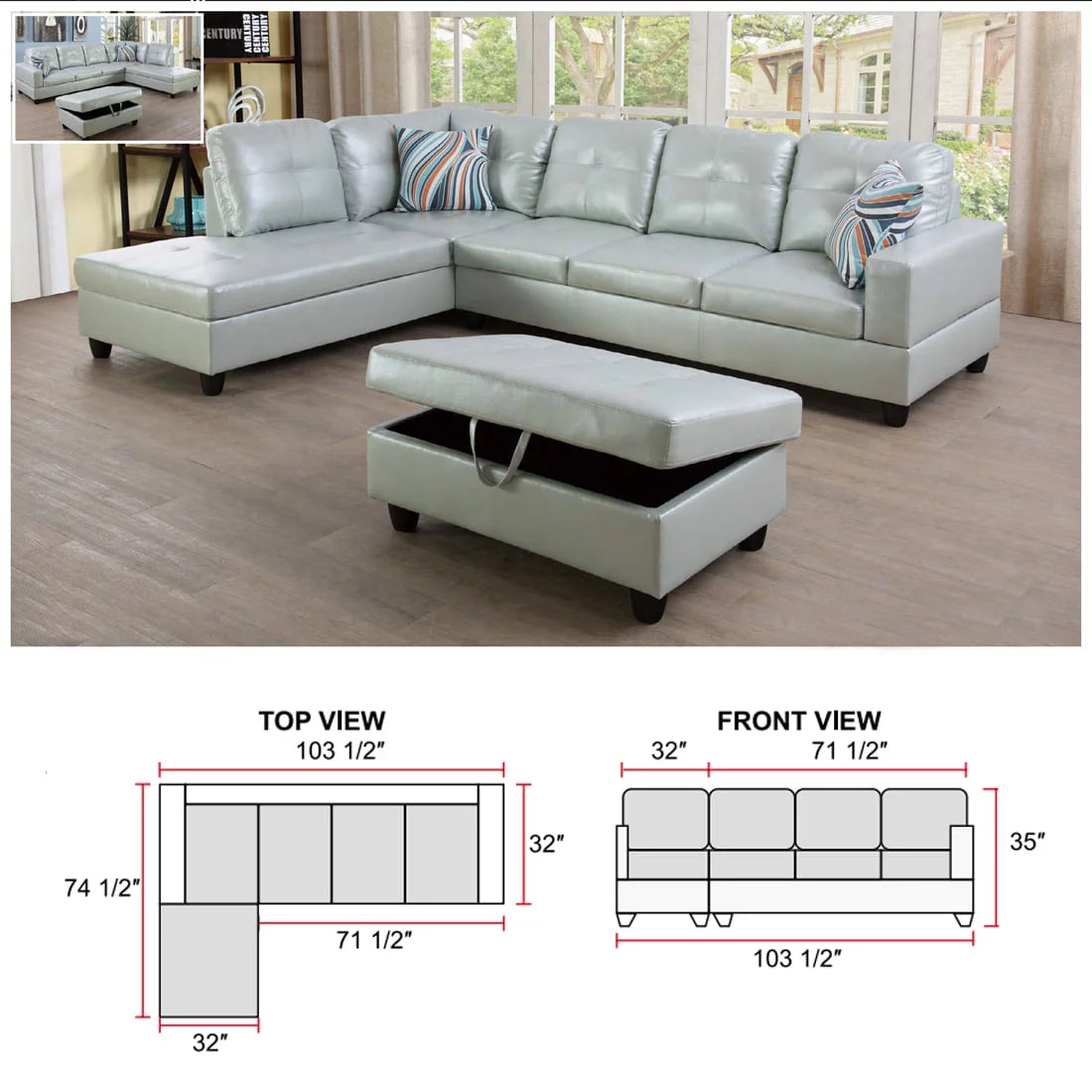 L-Shaped Sectional Sofa Set with Storage Ottoman and Pillows P42564