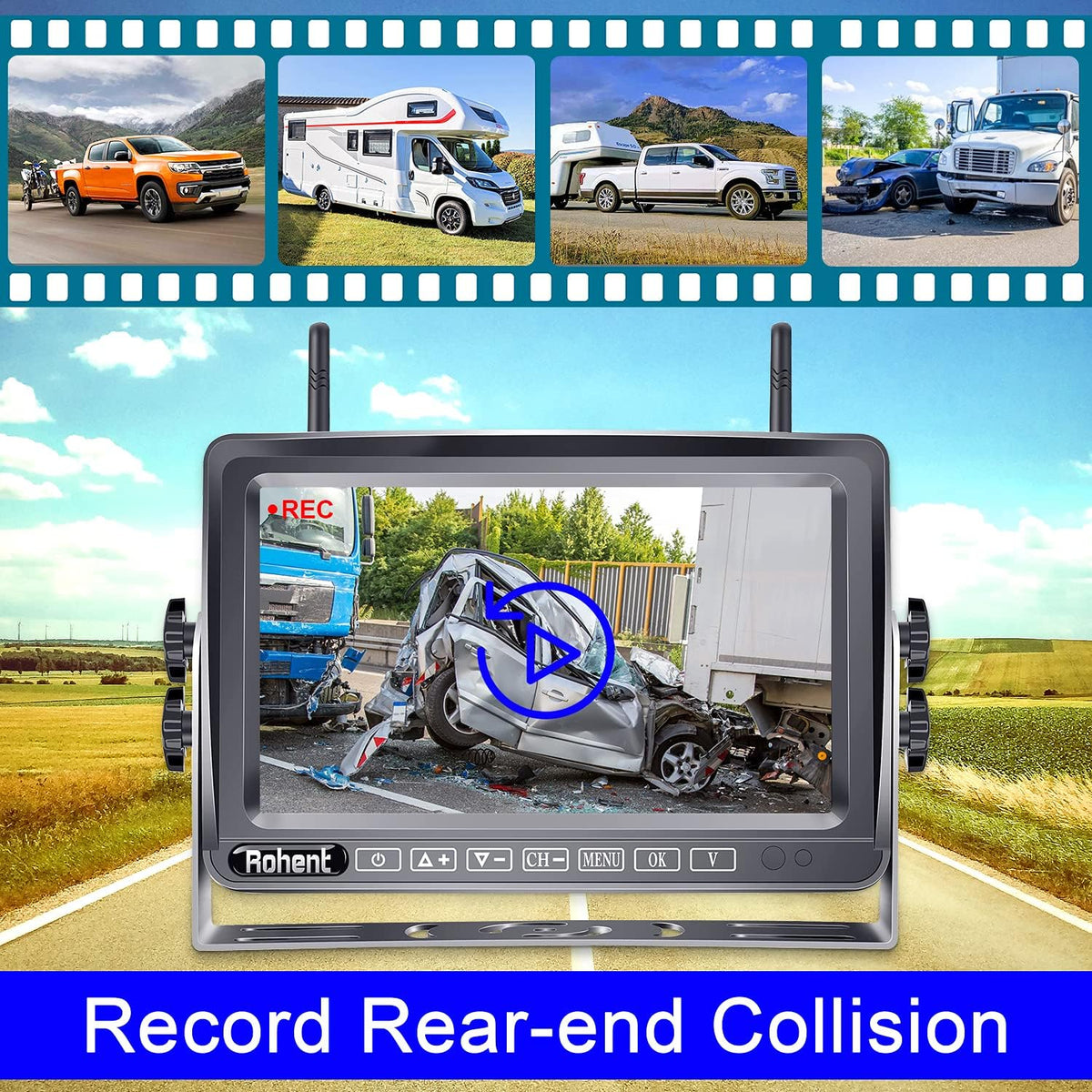 Wireless Backup Camera HD1080P 2 Cameras 7 Inch DVR Monitor IP69K Waterproof J1051