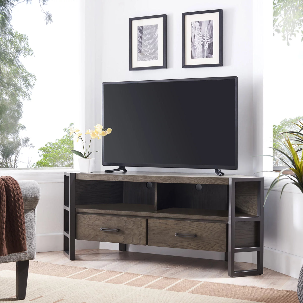 Mixed Metal and Wood Corner TV Stand R1082