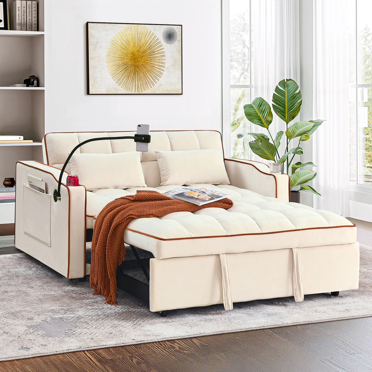 Gray Velvet Pull Out Sofa Bed with USB Port J353125