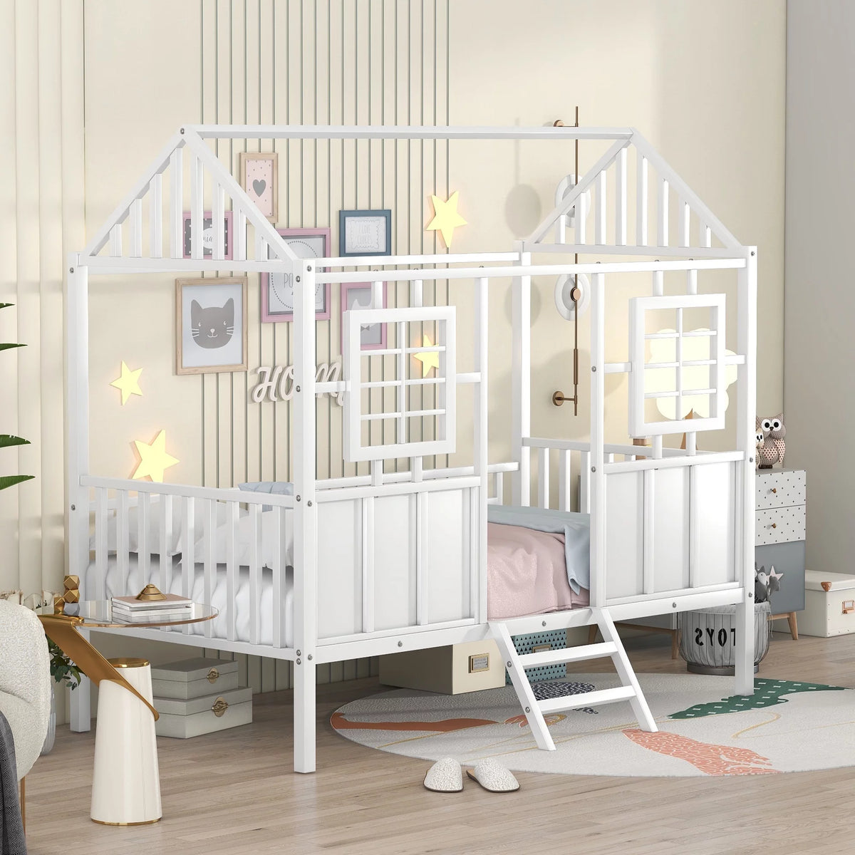 White Metal Twin Low Loft Bed with House-Shaped Roof and Window Z4800
