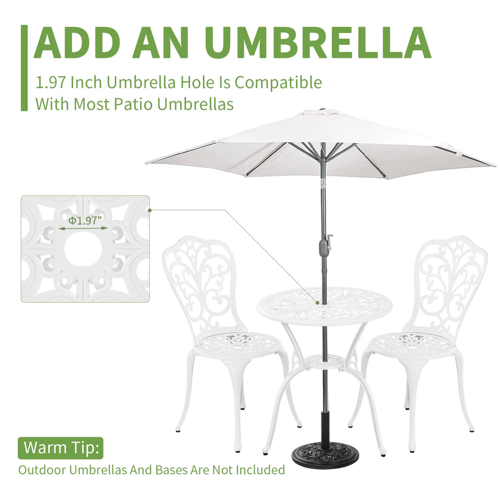 White Bistro Table and Chairs Set of 2 with Umbrella Hole E8352