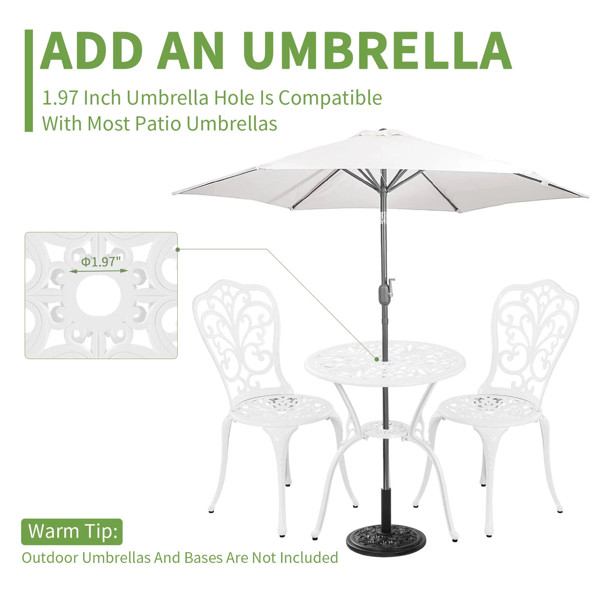 White Bistro Table and Chairs Set of 2 with Umbrella Hole E8352