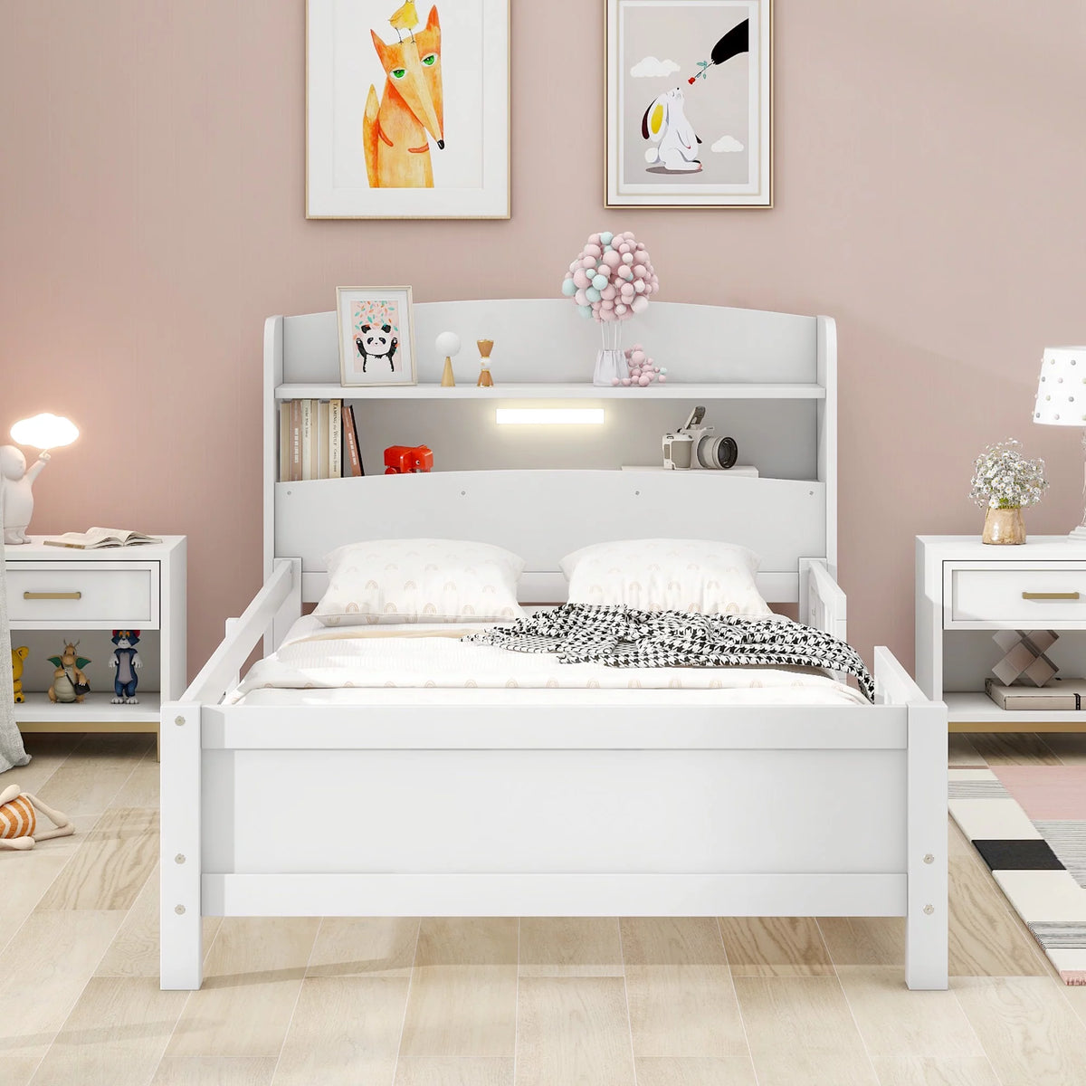 White Twin Size Wood Platform Bed with Storage Headboard and Guardrail E398560