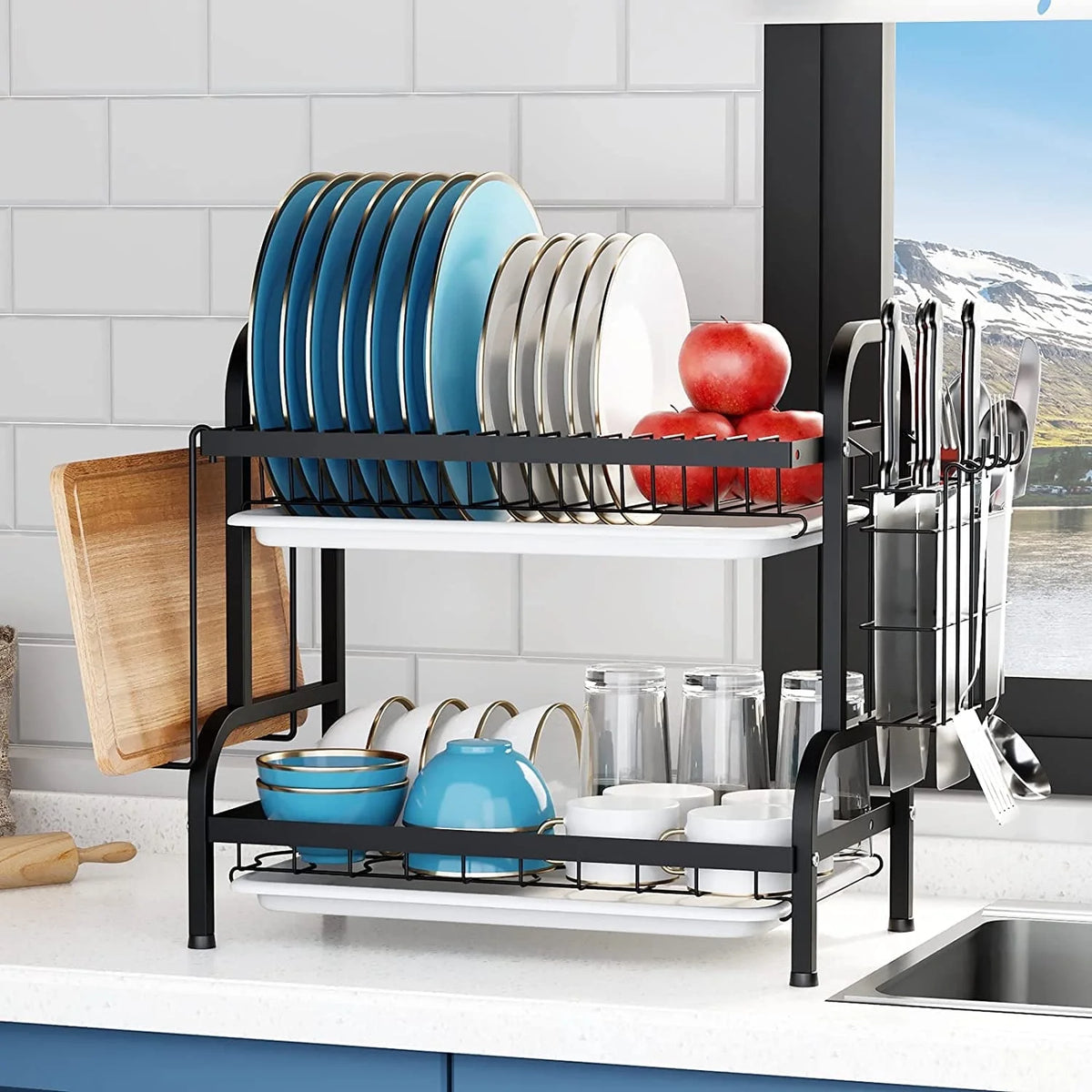 2-Tier Dish Drying Rack with Drain Board Tray W47275