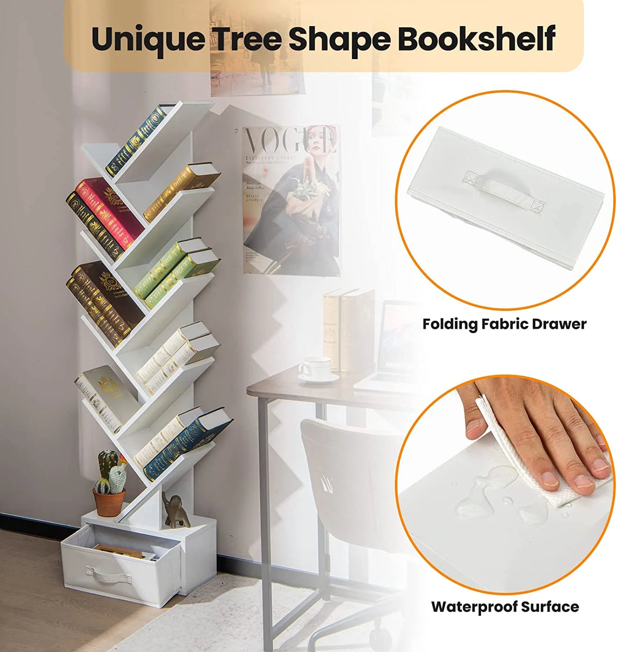 White Wooden 10 Shelf Bookshelf with Drawer I625951