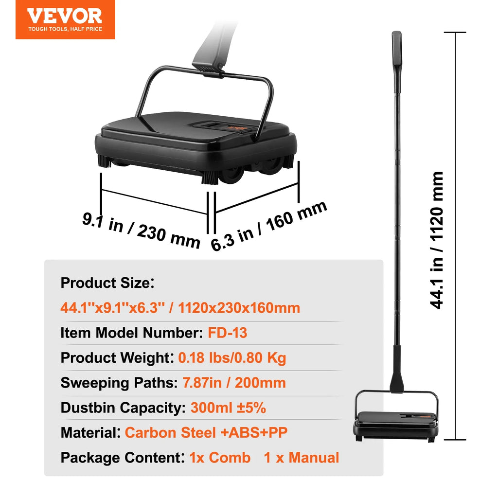 Carpet Sweeper Manual 7.87 in Non Electric Horsehair Black X649