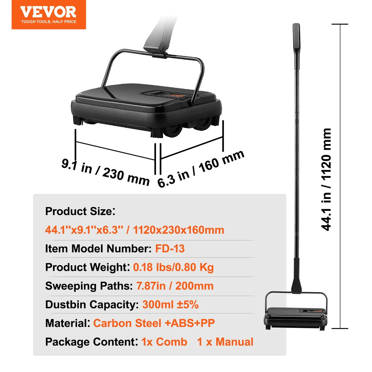 Carpet Sweeper Manual 7.87 in Non Electric Horsehair Black X649