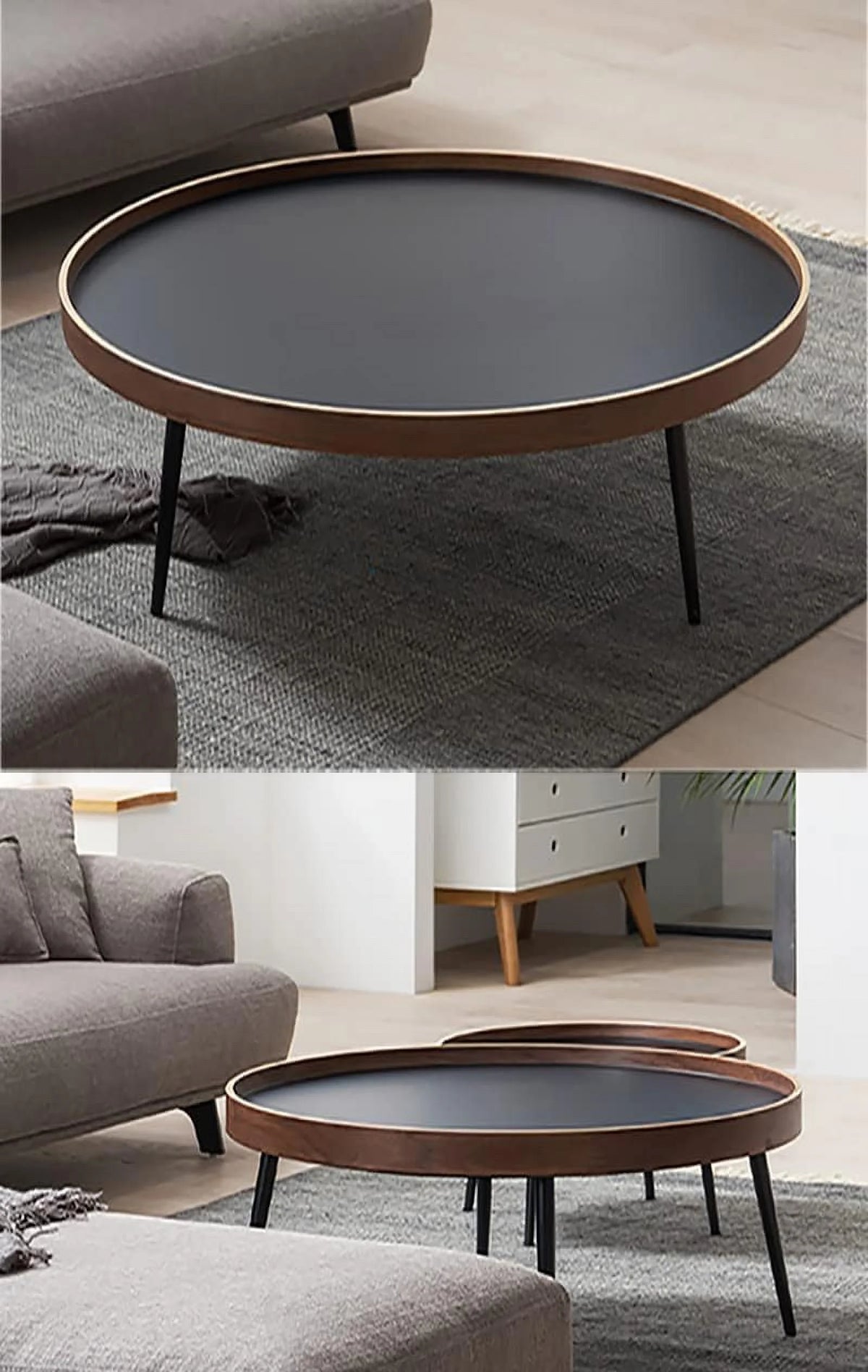 Round Wooden Nesting Coffee Table Set with Metal Frame E3179