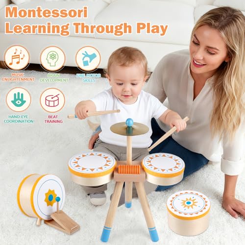Wooden Kids Drum Kit with Cymbal, Pedal Bass Drum & 2 Drumsticks I482858