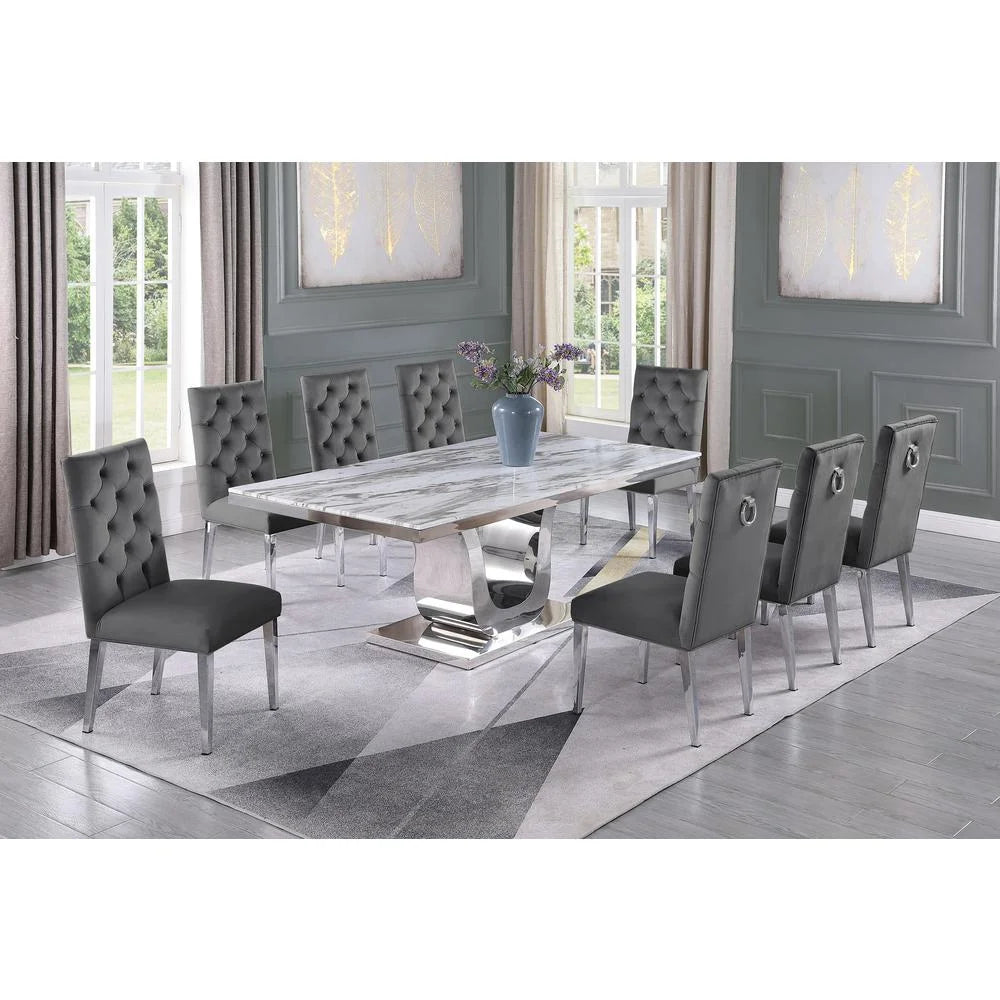 Stainless Steel 9 Piece Dining Set with Marble Table and Gray Chairs T36806