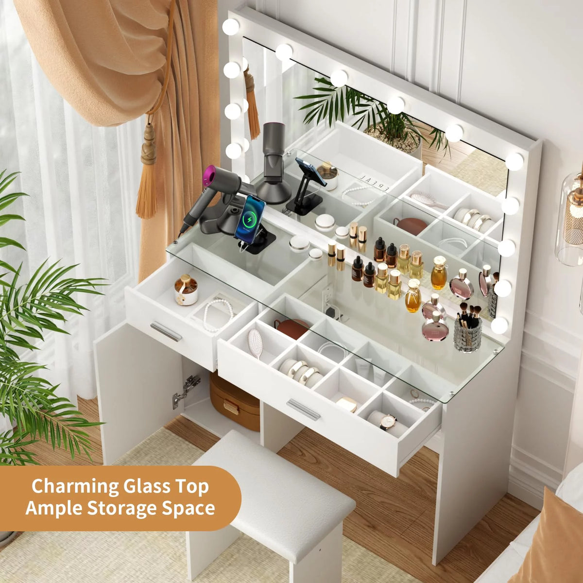White Makeup Vanity Desk with Mirror and Lights I50317