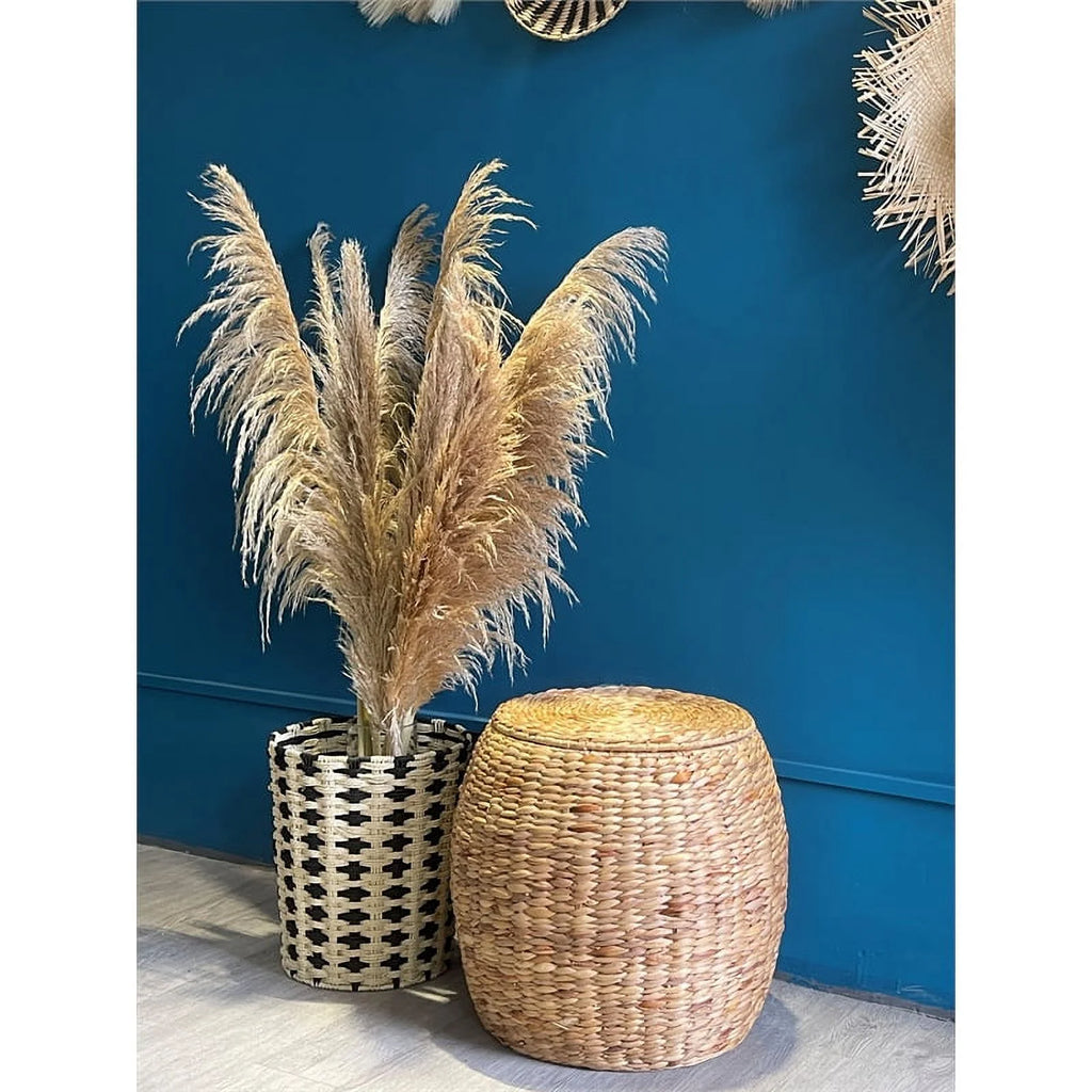 Beige Wicker Rattan Storage Ottoman Basket with Lid M3666