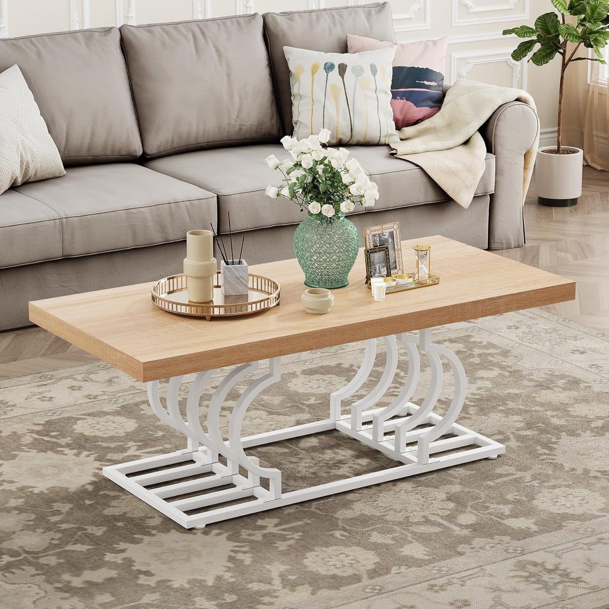 47 Inch Rustic Coffee Table with Geometric Frame E957