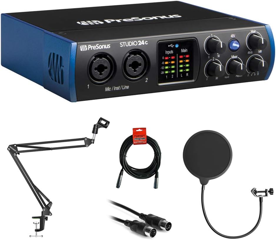 USB Type-C Audio/MIDI Interface with Pop Filter, Boom Arm Stand & XLR Cable V1711