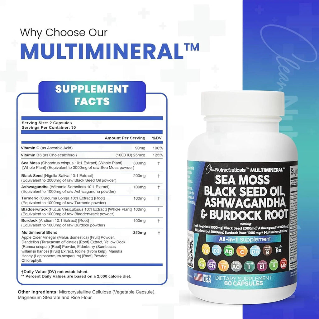 Sea Moss Black Seed Oil Ashwagandha Turmeric Bladderwrack Burdock Vitamin C D3 R7372