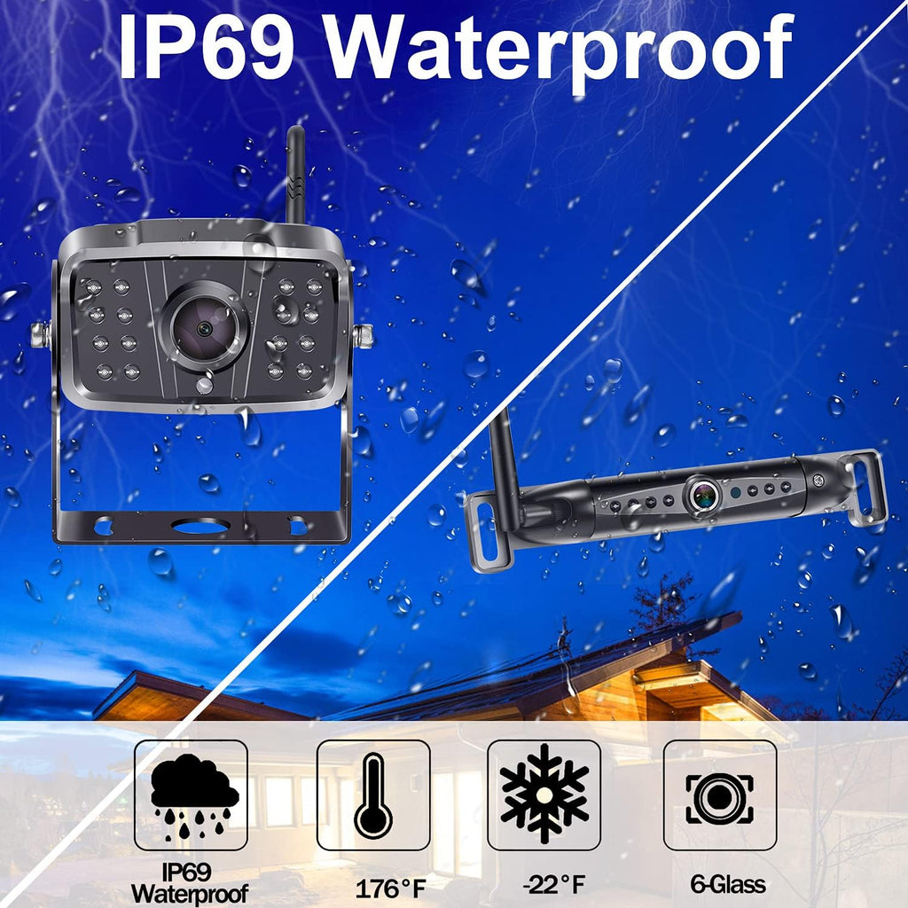 Wireless Backup Camera HD1080P 2 Cameras 7 Inch DVR Monitor IP69K Waterproof J1051