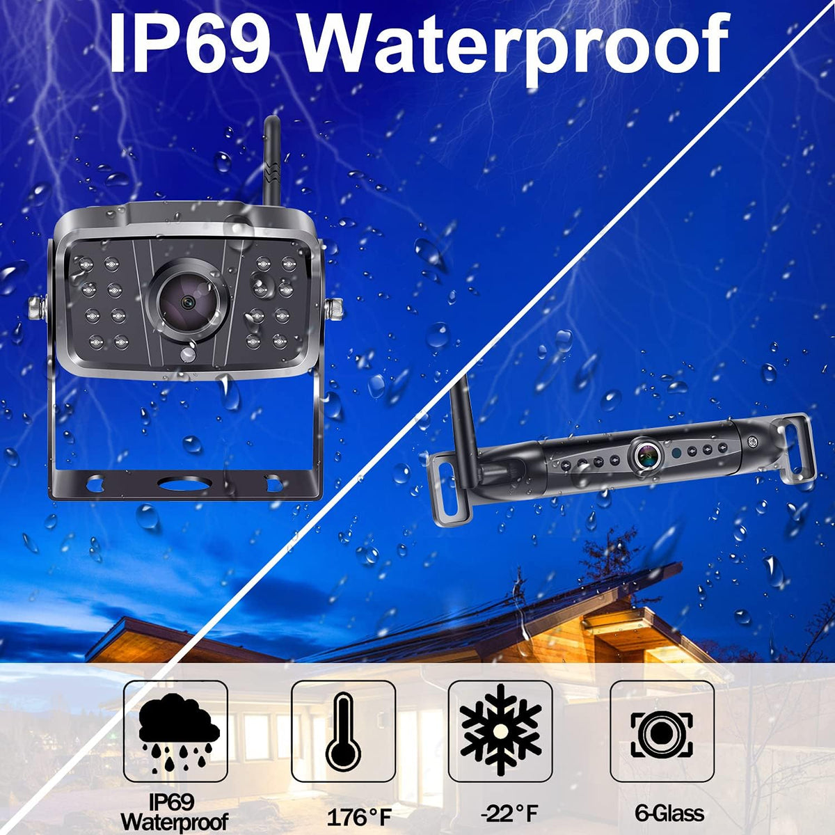 Wireless Backup Camera HD1080P 2 Cameras 7 Inch DVR Monitor IP69K Waterproof J1051