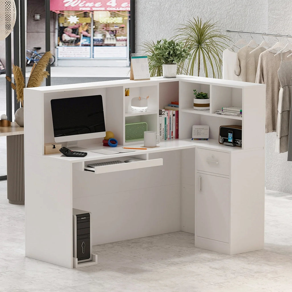 L-Shaped Reception Desk with Shelves and Drawers White E895714