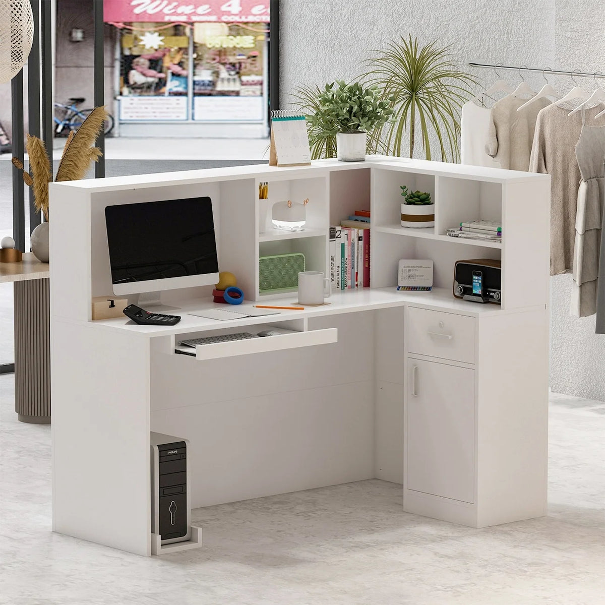 L-Shaped Reception Desk with Shelves and Drawers White E895714