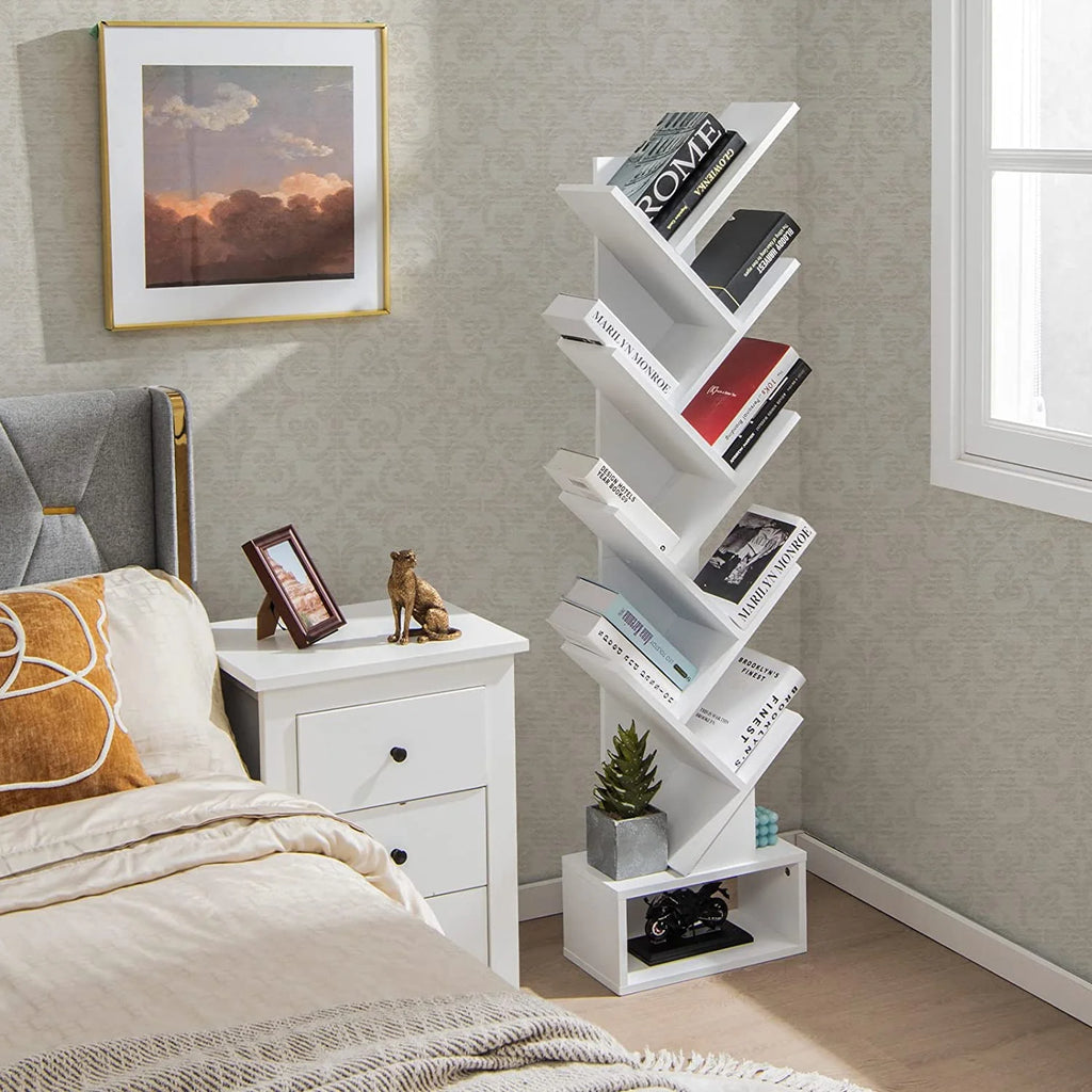 White Wooden 10 Shelf Bookshelf with Drawer I625951