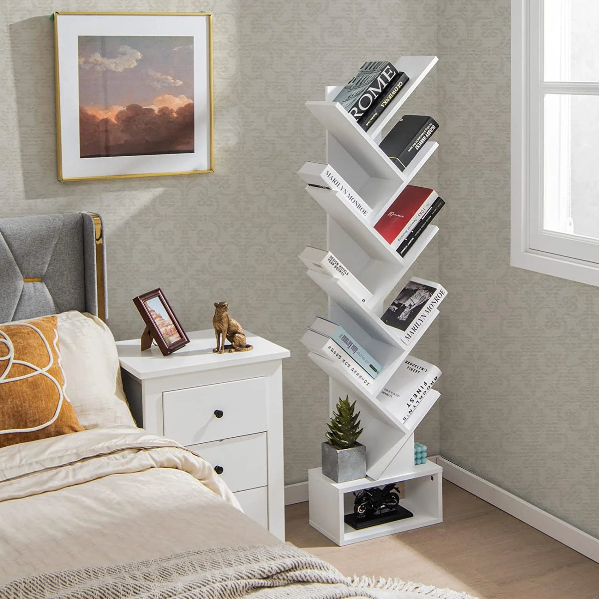 White Wooden 10 Shelf Bookshelf with Drawer I625951