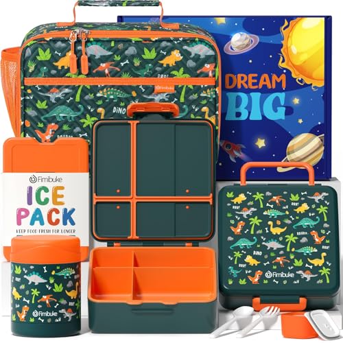 Kids Bento Snack Lunch Box with 4 Compartment, Insulated Lunch Bag, Stainless Steel Vacuum Thermos Food Jar, Ice Pack, Utensils Set G587858