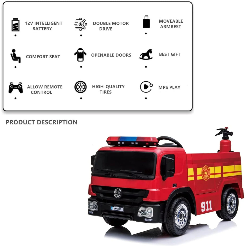 12V Kids Ride on Car Electric Powered Fire Truck Toy with Remote Control L8585