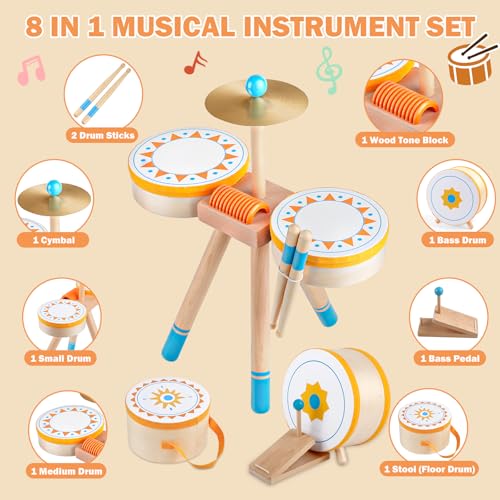 Wooden Kids Drum Kit with Cymbal, Pedal Bass Drum & 2 Drumsticks I482858