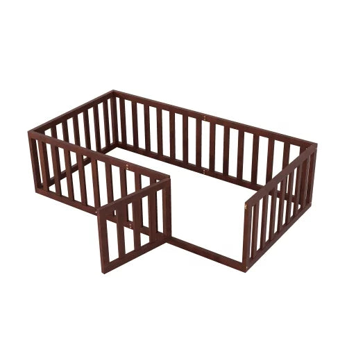 Twin Size Solid Wood Floor Bed Frame with Fence and Door E771938