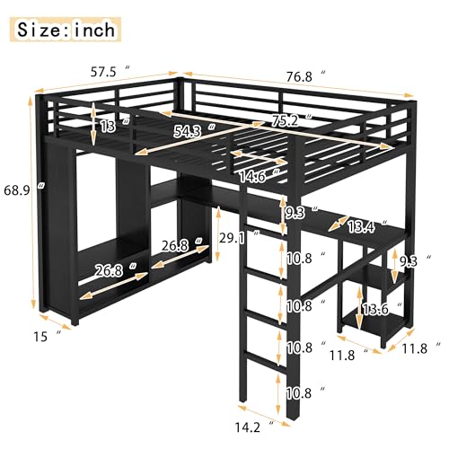 Queen Size Black Metal Loft Bed with Wardrobe and Desk Y69698