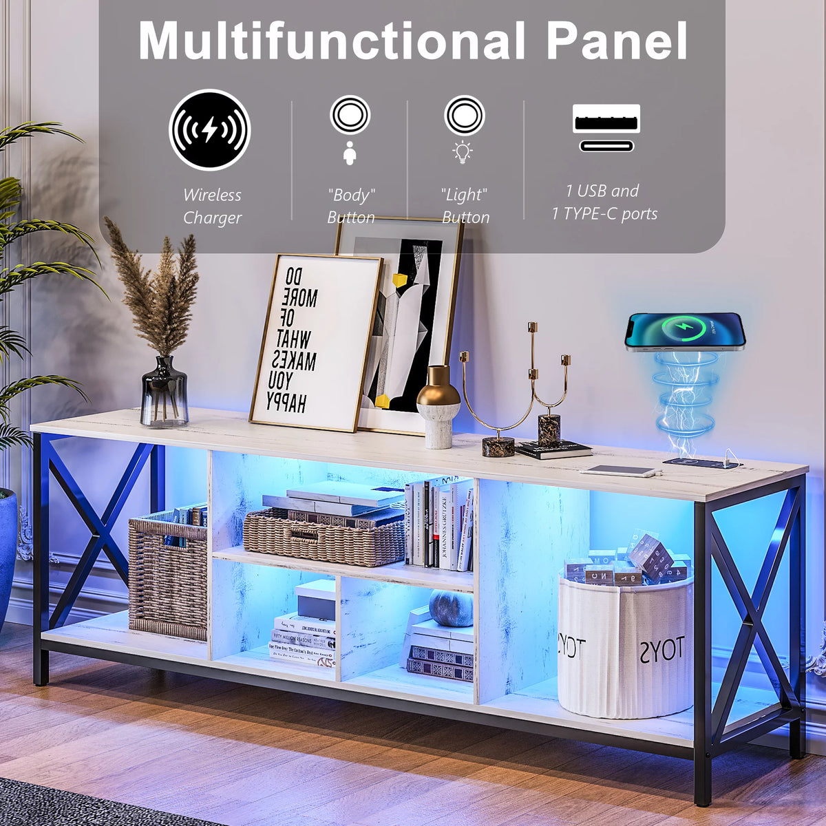 White LED TV Stand with Charging Station and Storage Cabinet J2733