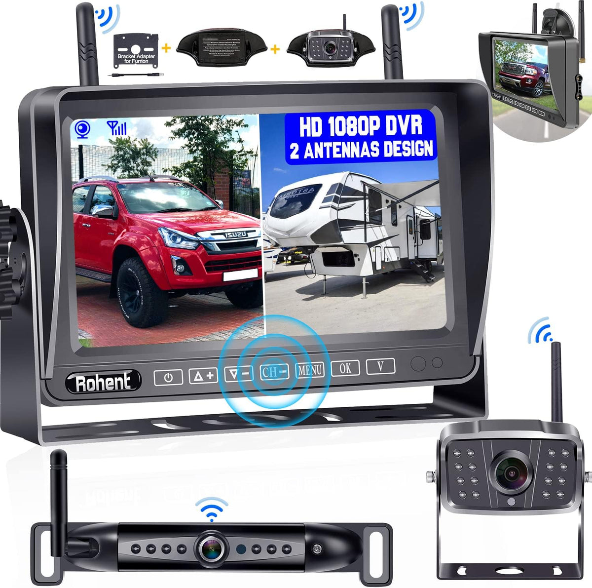 Wireless Backup Camera HD1080P 2 Cameras 7 Inch DVR Monitor IP69K Waterproof J1051