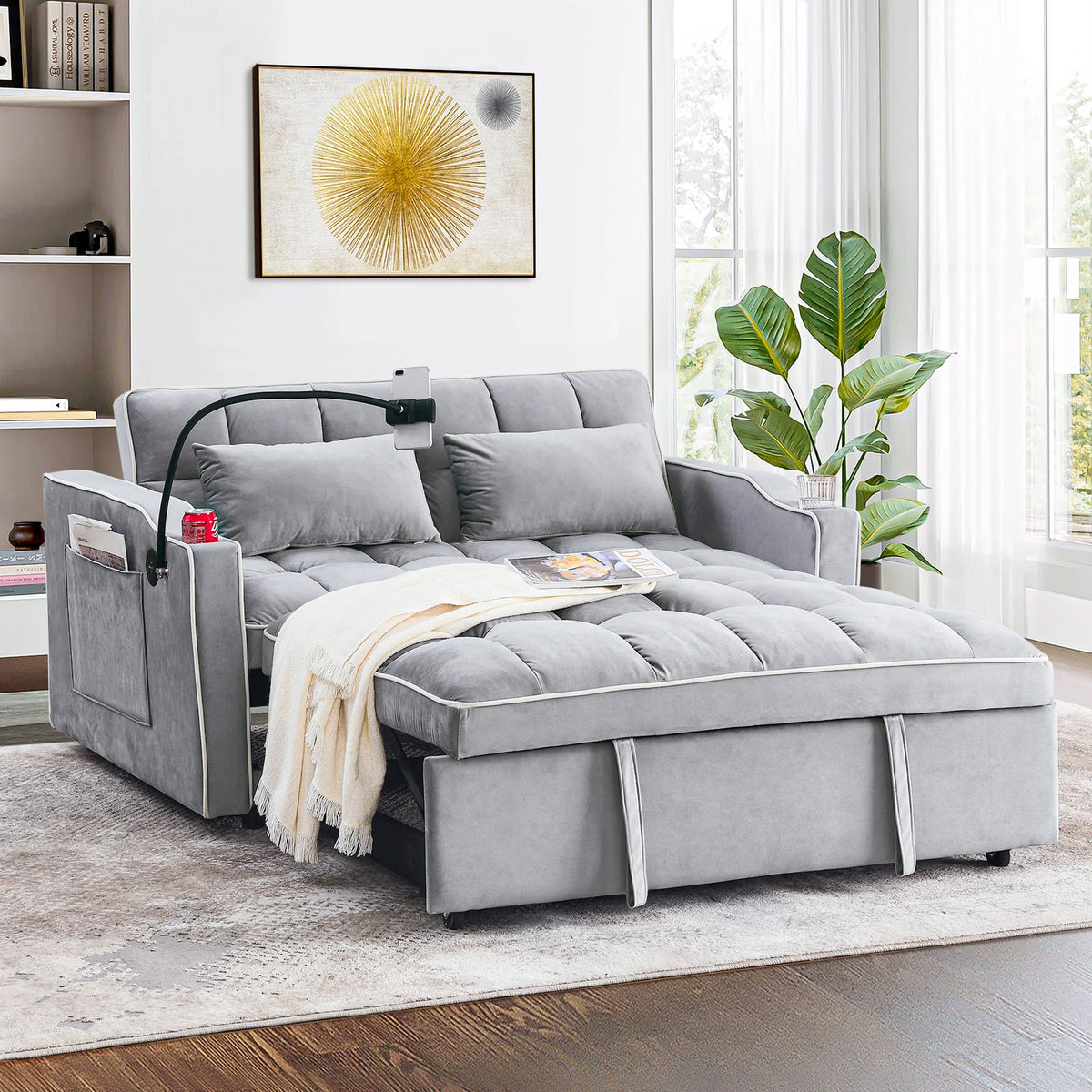 Gray Velvet Pull Out Sofa Bed with USB Port J353125
