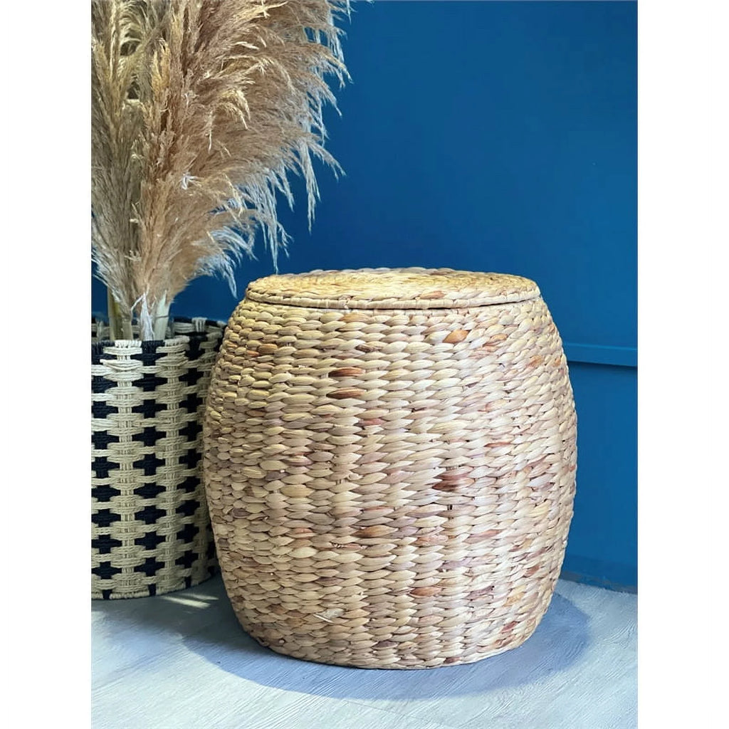 Beige Wicker Rattan Storage Ottoman Basket with Lid M3666