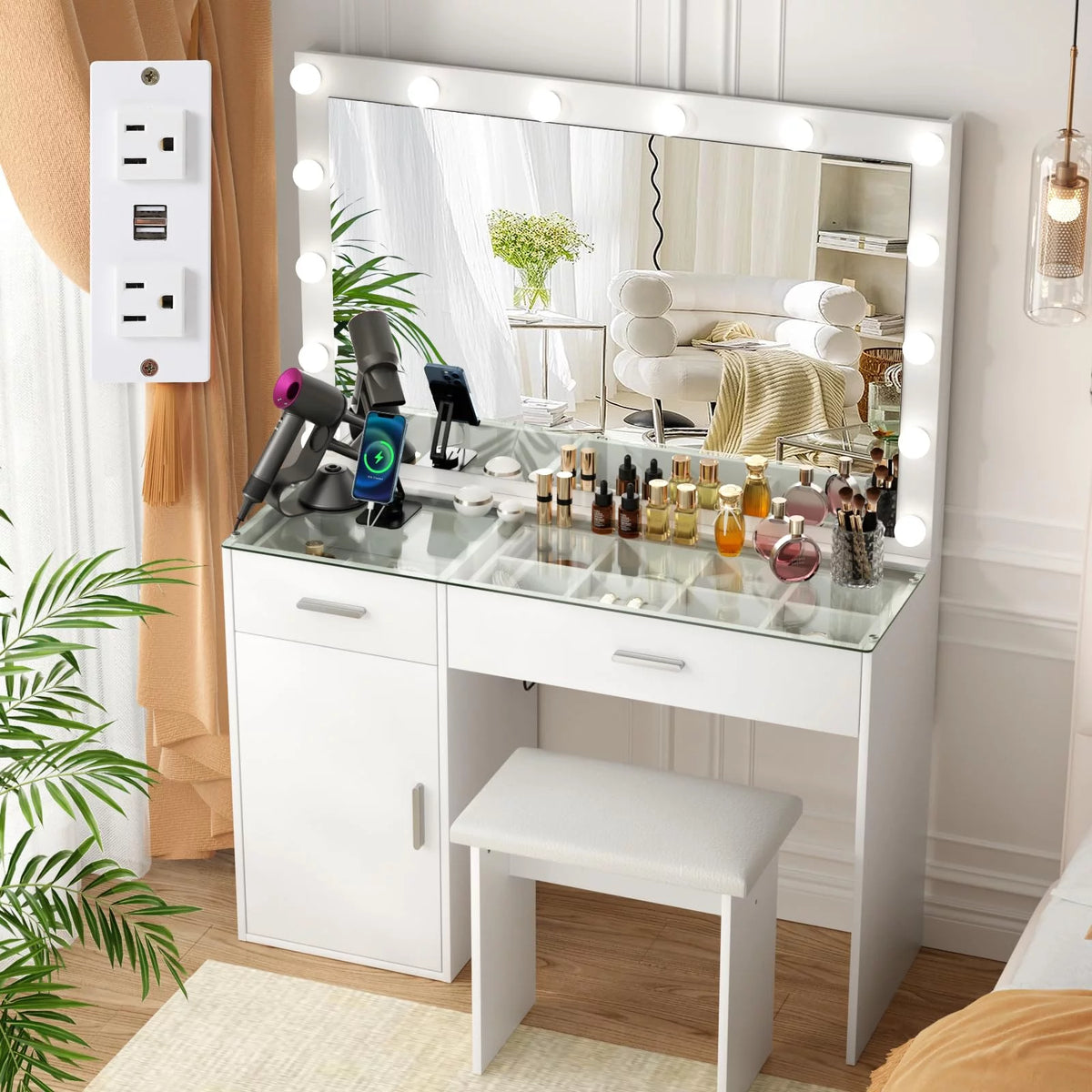 White Makeup Vanity Desk with Mirror and Lights I50317