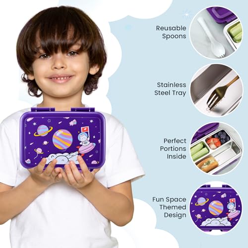3-Compartment Kids Bento Lunch Box with Leak-Proof Lid, Spoon & Stainless Steel Tray A2859