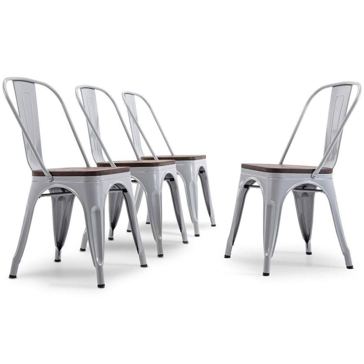 Metal Stackable Bistro Dining Chairs Set of 4 Wood Seat P57063