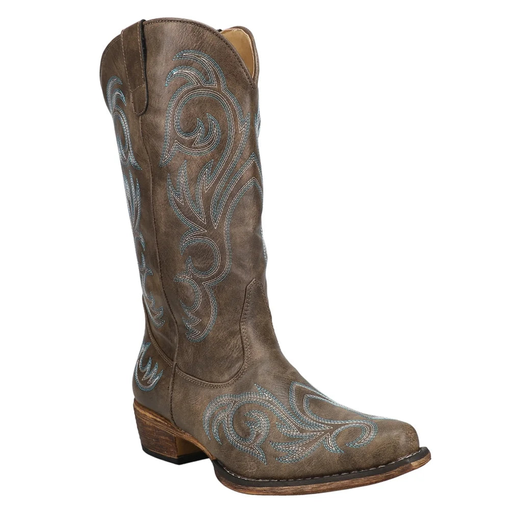 Mid Calf Low Heel 1-2" Round Toe Cowboy Boots V287