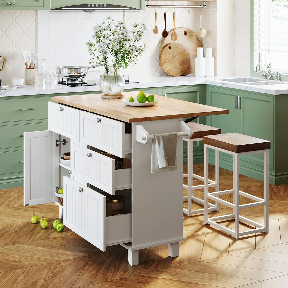 White Kitchen Island Set with 2 Seatings R287