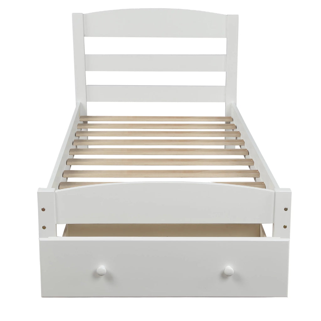 White Twin Solid Wood Bed Frame with Storage Drawer H5684