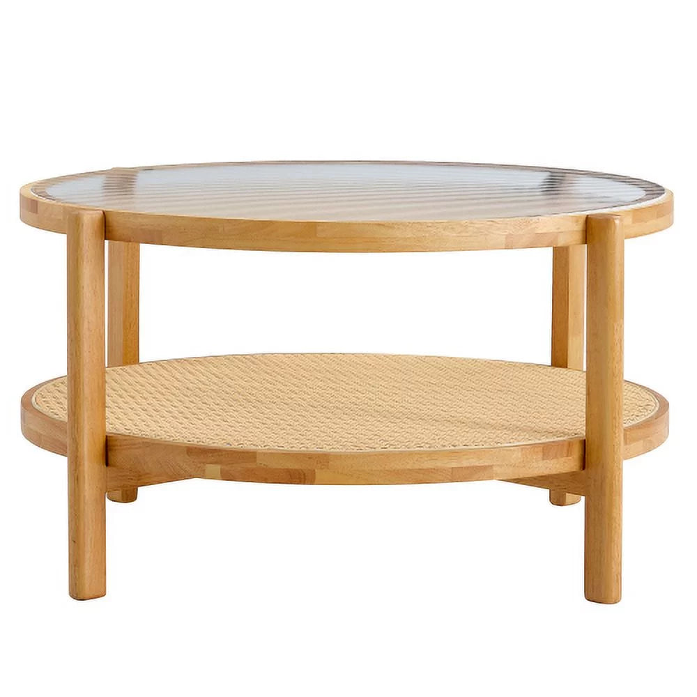 Round 2-Tier Glass Coffee Table with Solid Wood Legs H305692