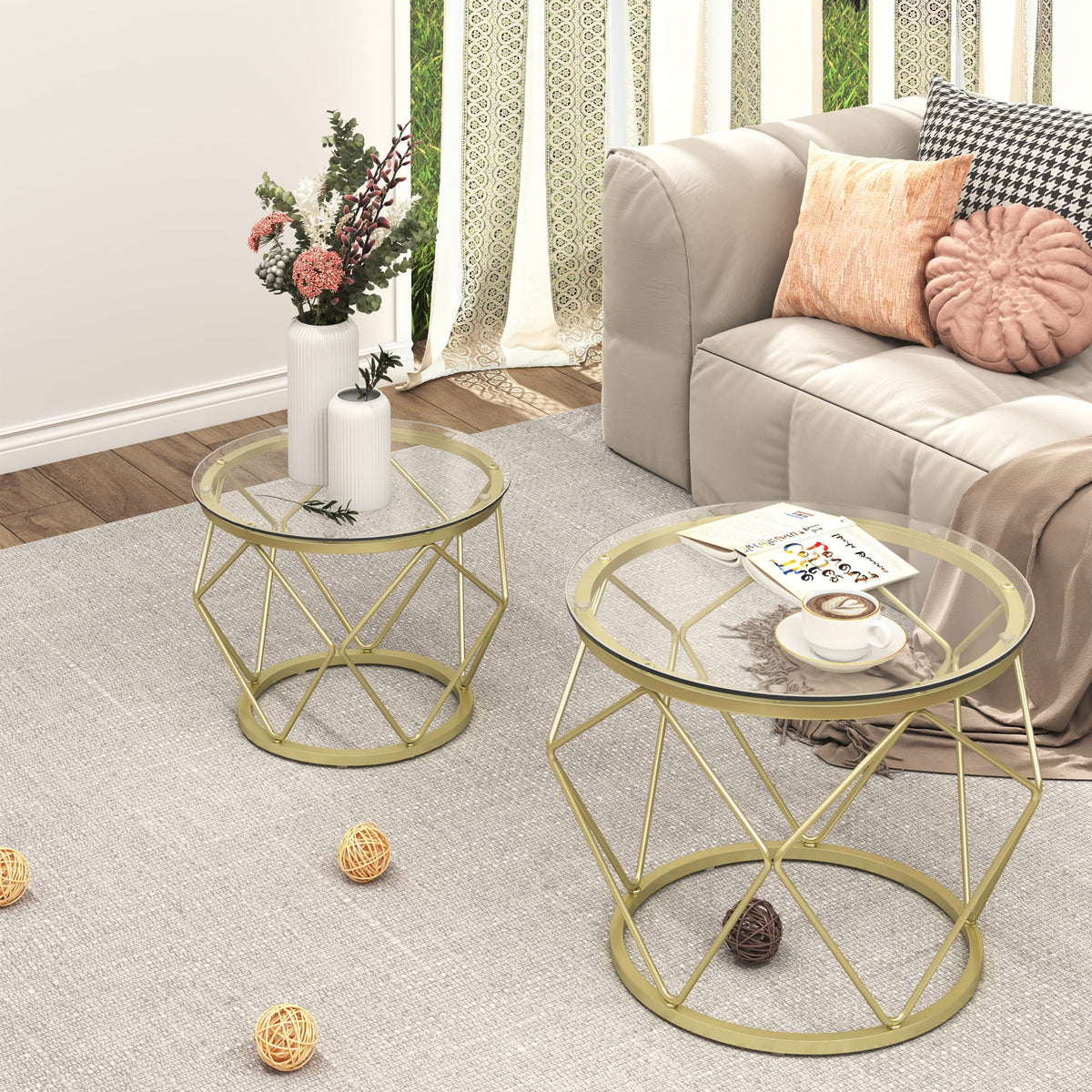Round Coffee Table Set of 2 with Tempered Glass Top C269