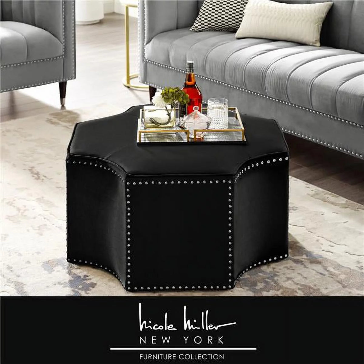 Black Velvet Upholstered Cocktail Ottoman B407