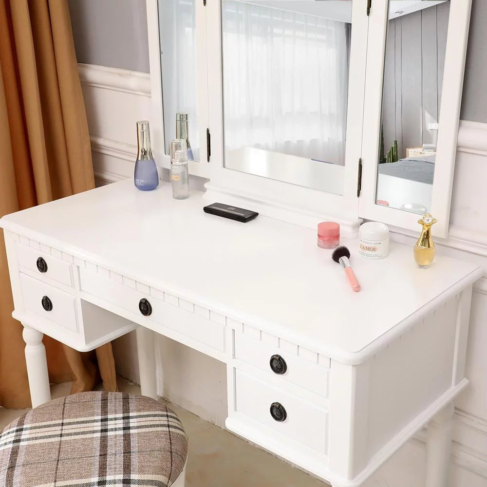 Tri-Folding Vanity Set with Cushioned Stool and 5 Storage Drawer Y802241