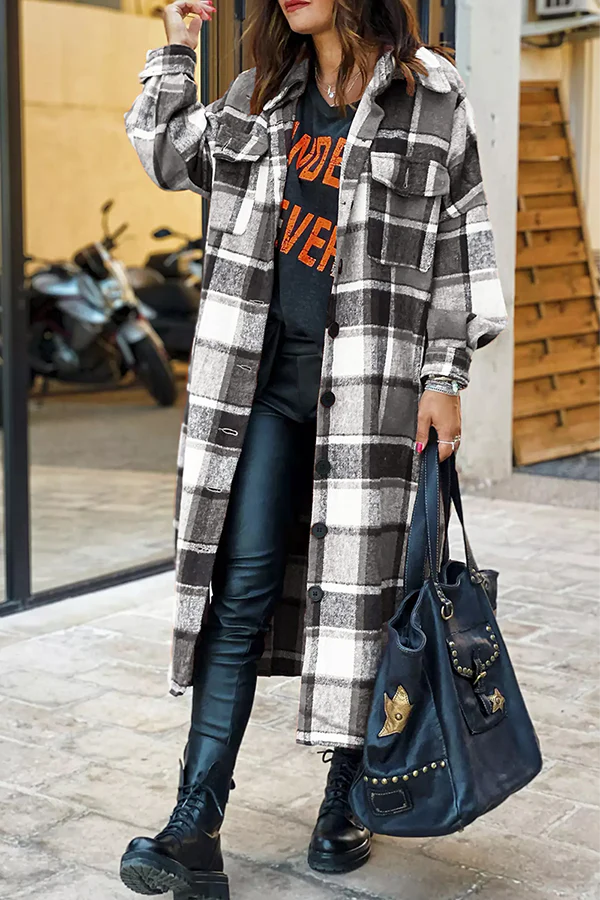 Plaid Button Pocket Shirt Collar Outerwear T320