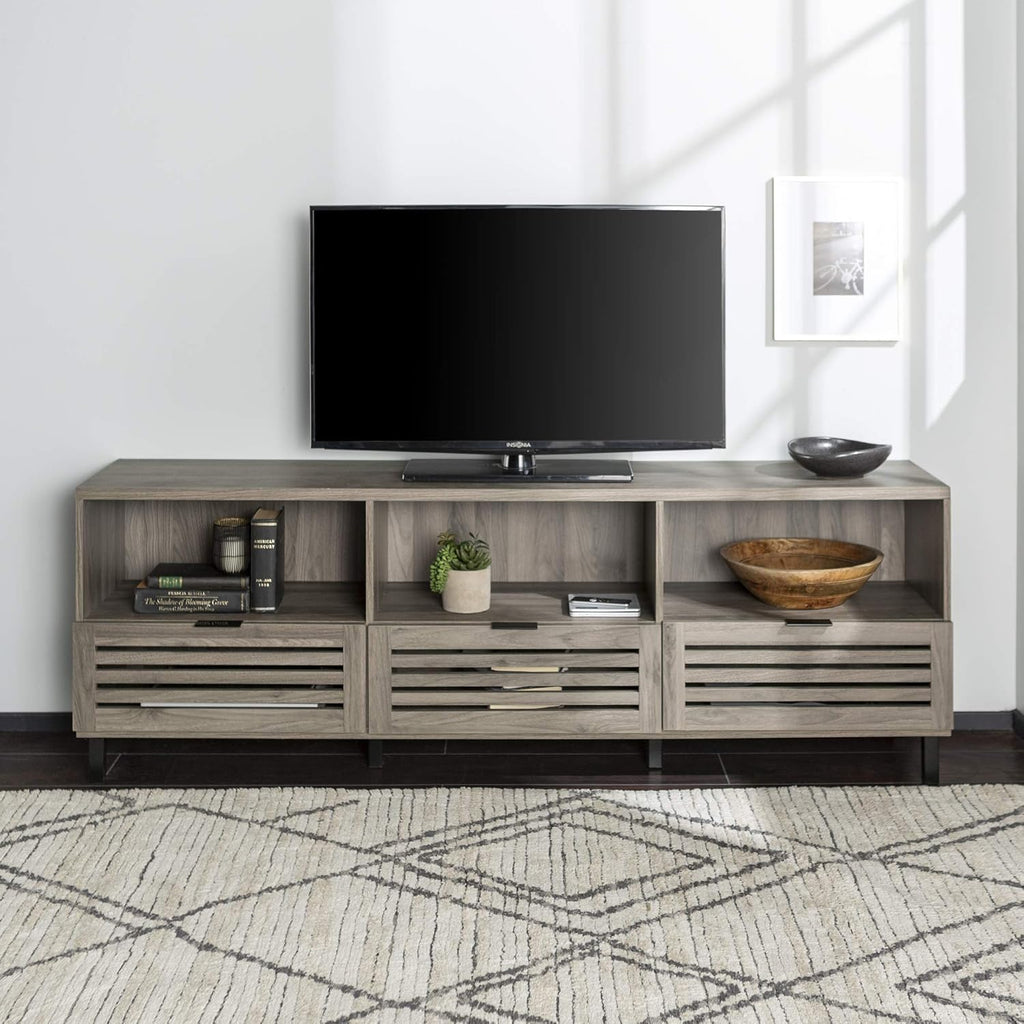Modern Wood TV Stand with Slat Doors, 58 Inch, Dark Walnut F82504